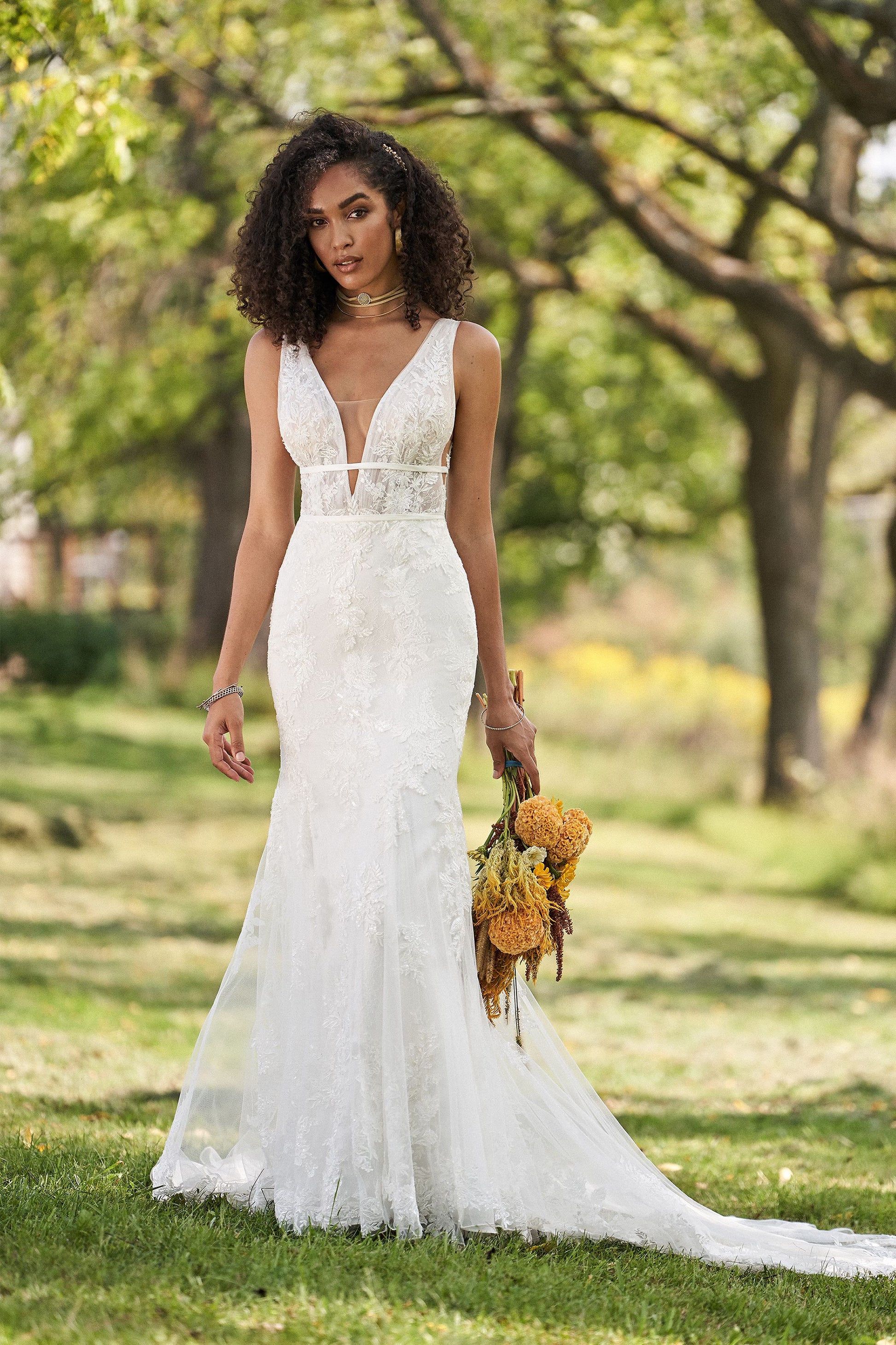 lillian west lace wedding dress 66364: Chantilly Lace Fit and Flare with Sweetheart Neckline and Sheer Bodice